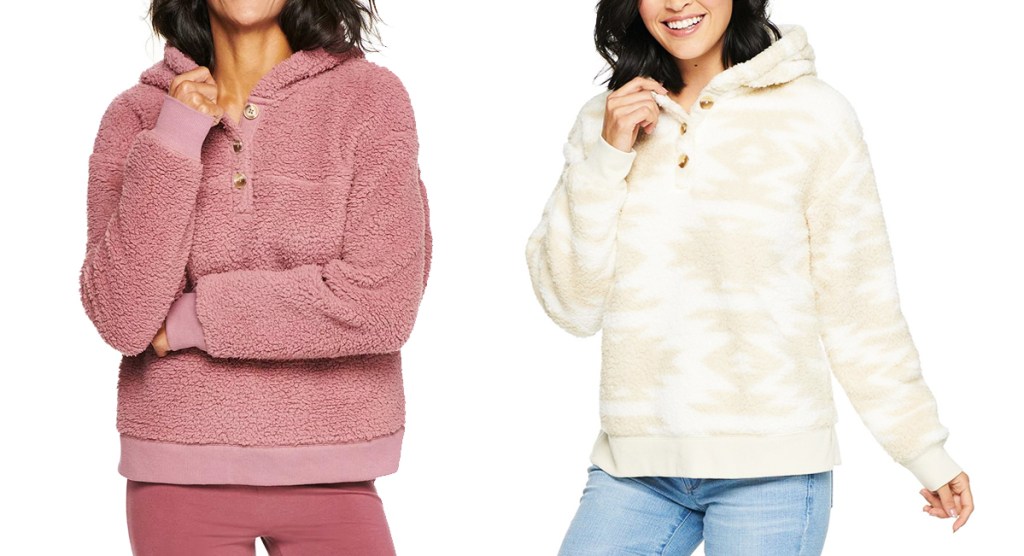 two women modeling sherpa hoodies