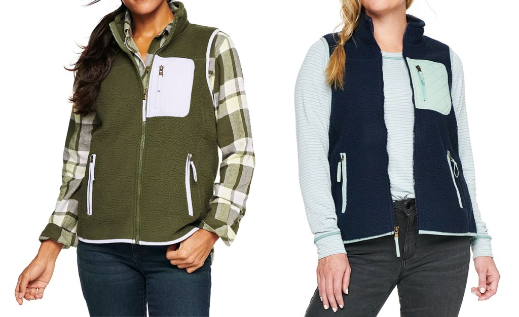 two women modeling sherpa vests