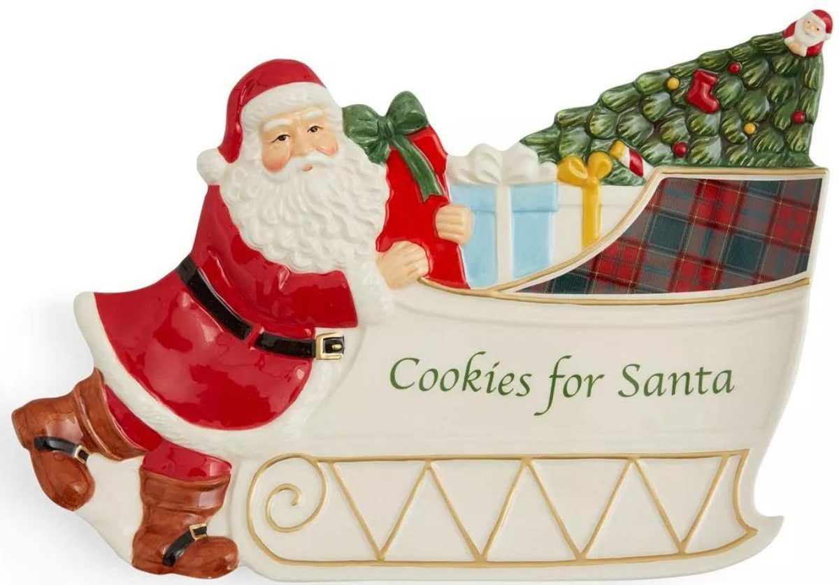 Spode Cookies for santa plate, with santa grabbing a large bag of toys from his sleigh