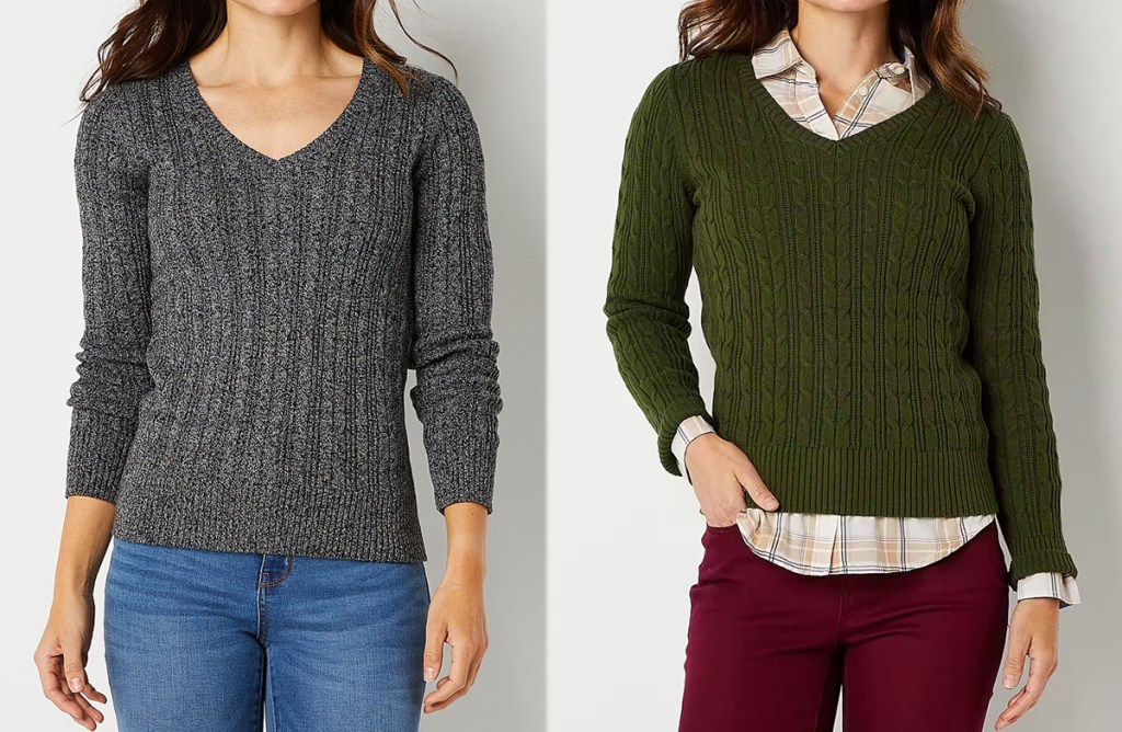 St.-Johns-Bay-Womens-V-Neck-Cable-Knit-Pullover-Sweater كنزات JCPenney النسائية فقط 12.99 دولارًا (37 دولارًا عاديًا) |  يصلون في الوقت المناسب لهدايا عيد الميلاد!