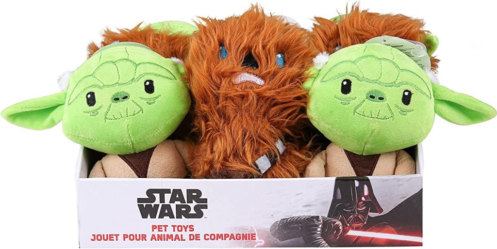 Box with yoda and chewbacca Star Wars dog toys in it
