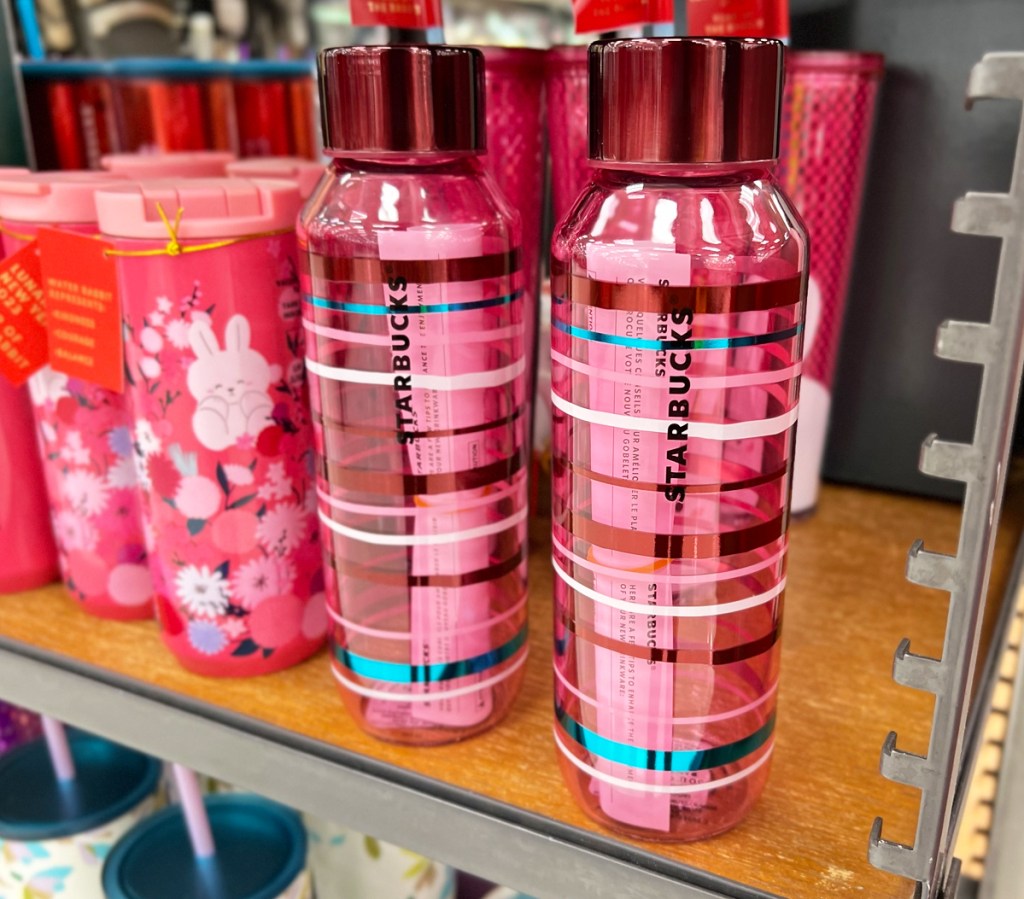 display of pink striped starbucks bottles