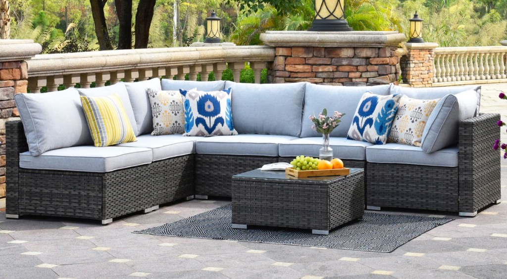 outdoor sectional with light grey cushions