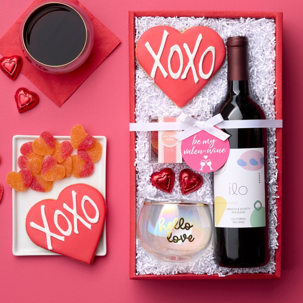 Valentine's Day Food Gift Basket With Wine and Wine Glass