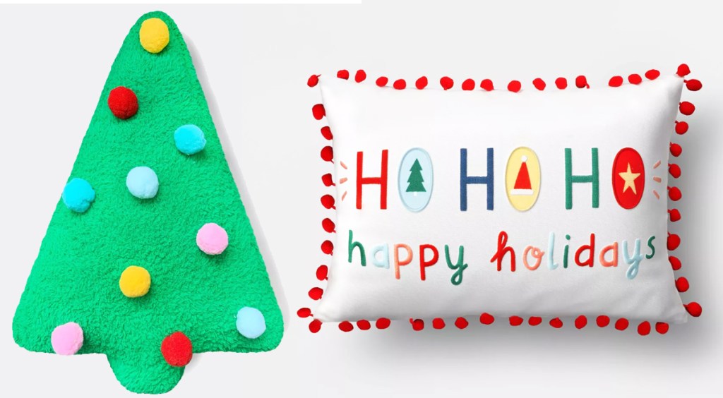 christmas tree and Ho Ho Ho Happy Holidays throw pillows