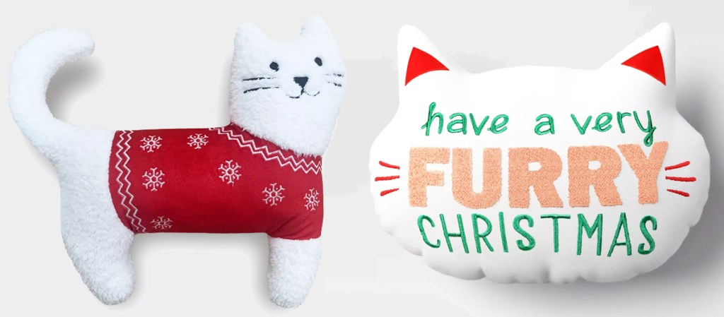 two cat themed christmas throw pillows