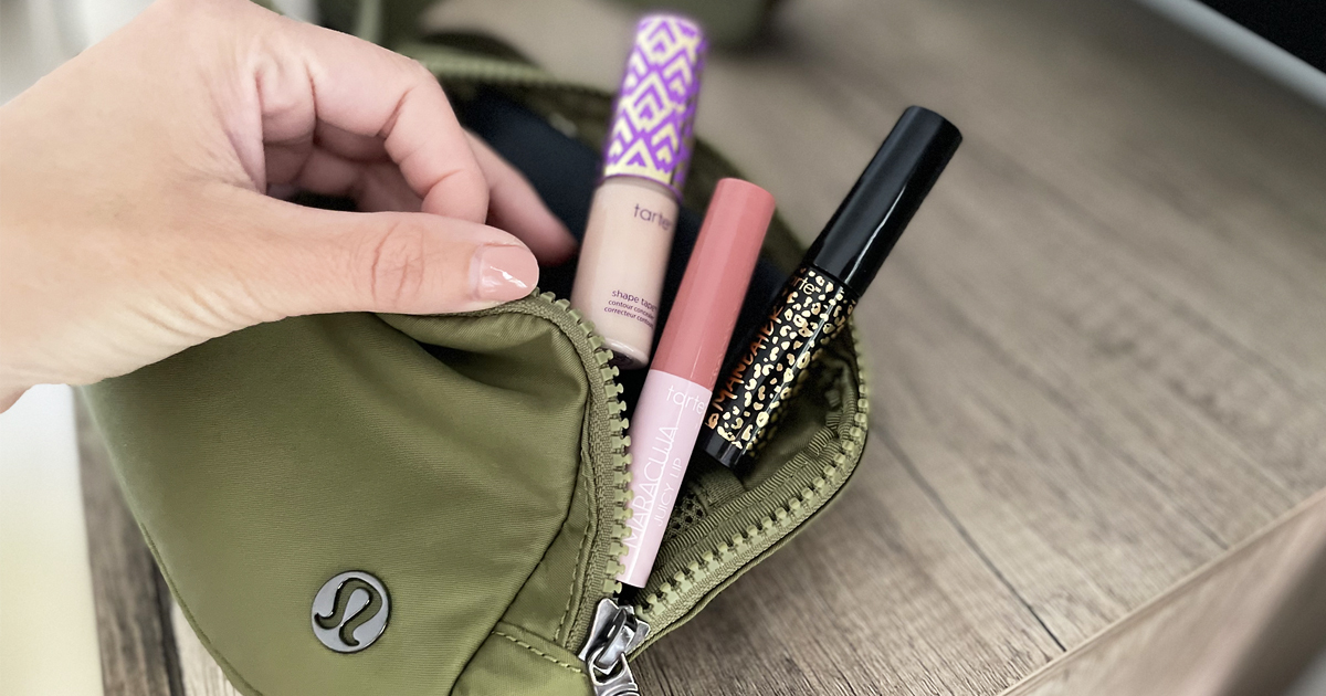 mini tarte products coming out of lululemon bag
