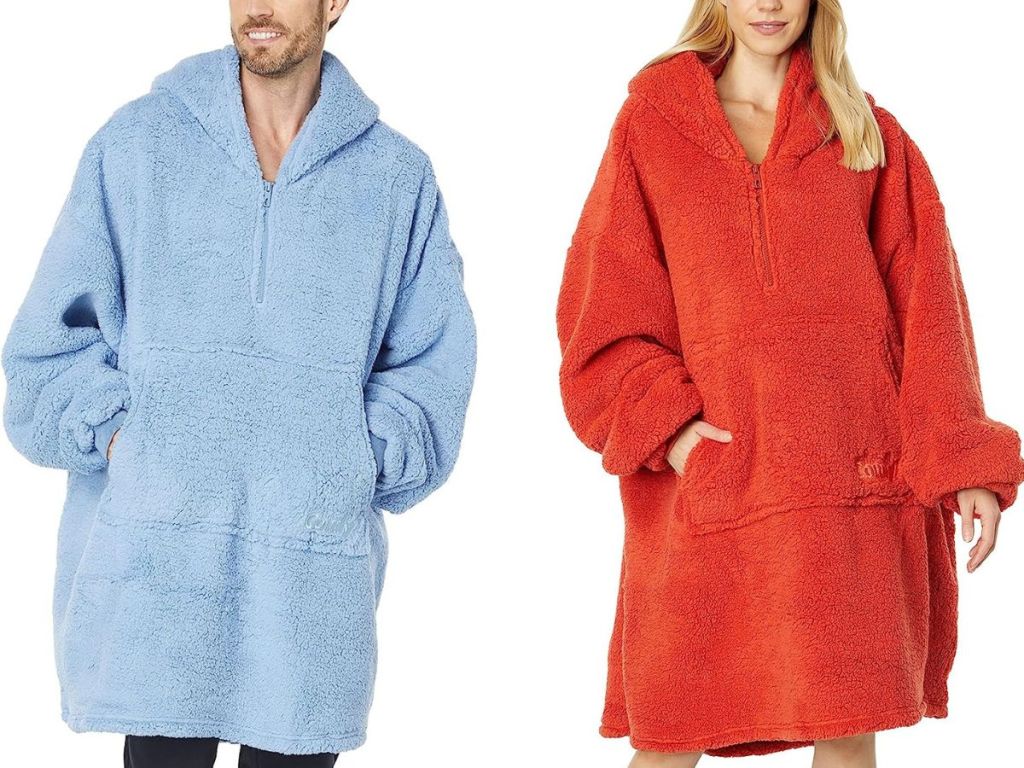 a man and a woman each wearing The Comfy The Teddy hooded wearable blanket