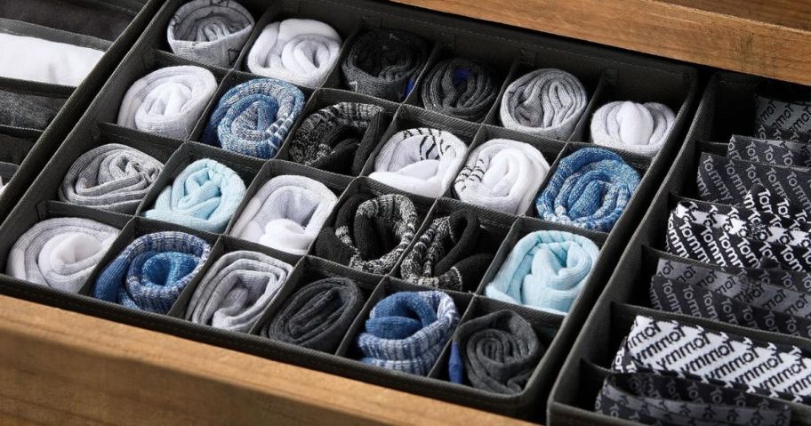 Tidy & Co. Collapsible Fabric Storage container in drawer with clothing in it