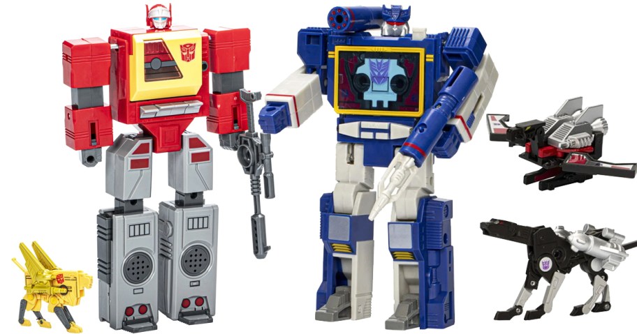 red and blue transformers action figures