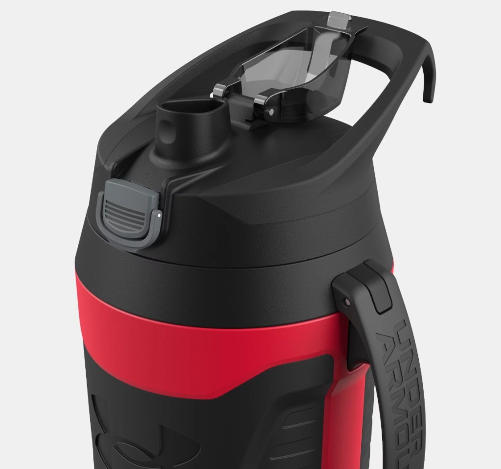 Top of an Under Armour red and black water jug