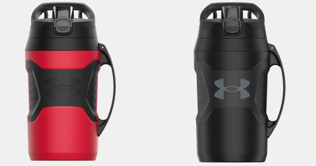 A red and black and a solid black Under Armour water jug