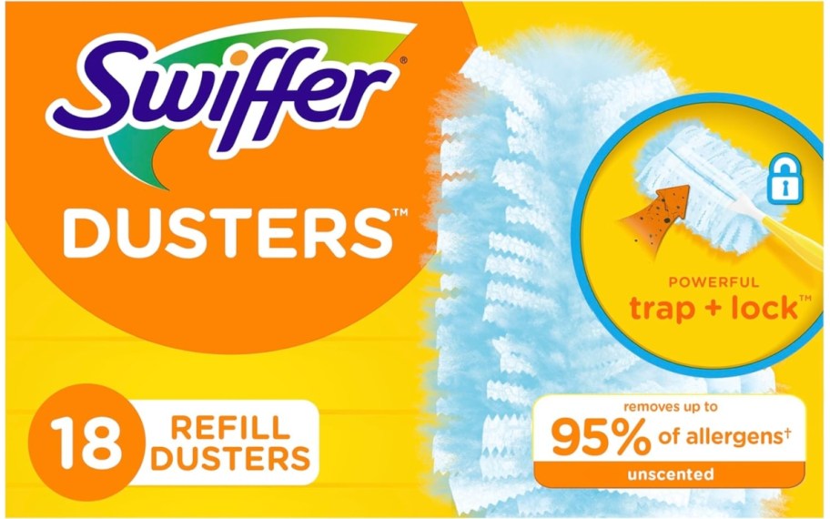 yellow and orange cover of a box of Swiffer Dusters Multi-Surface Duster Refills Unscented 18-Count