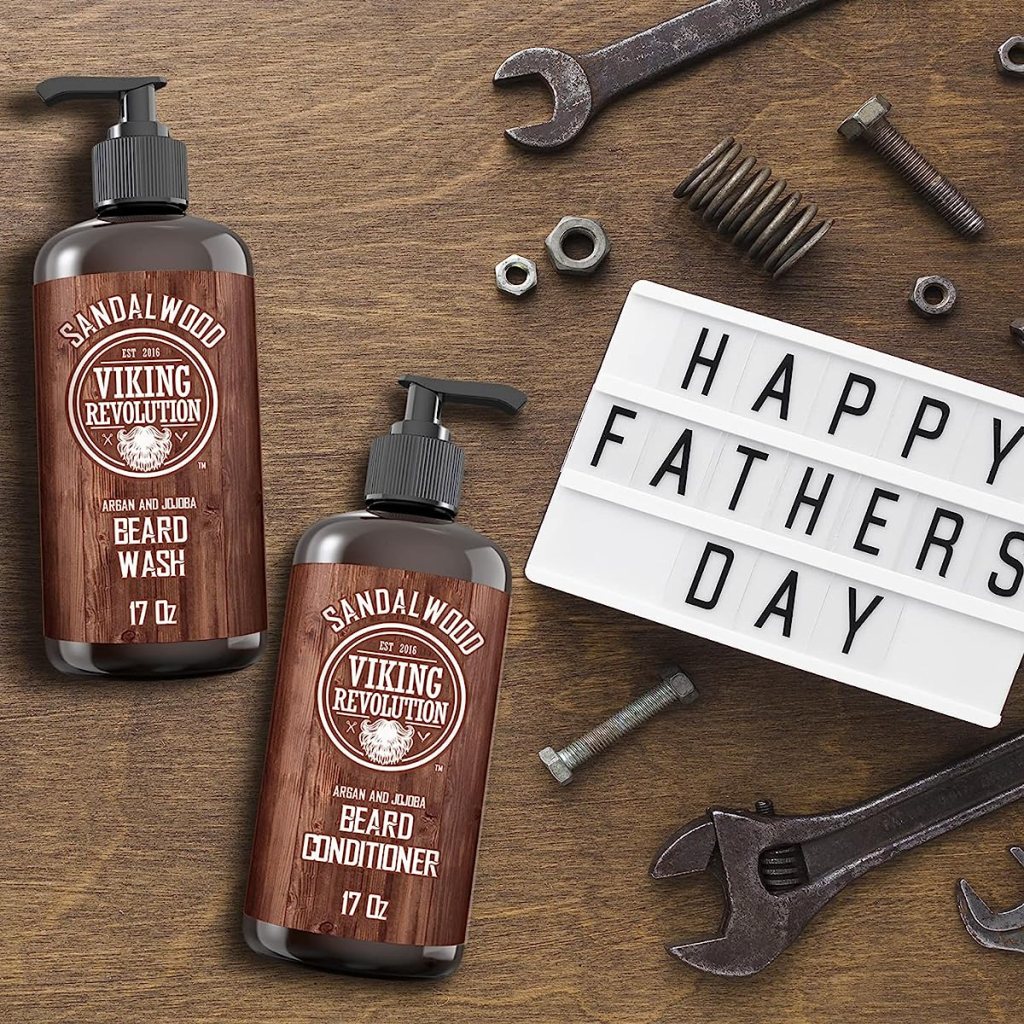 Viking Revolution Beard Wash & Beard Conditioner Set with tools and a sign that says Happy Father's Day