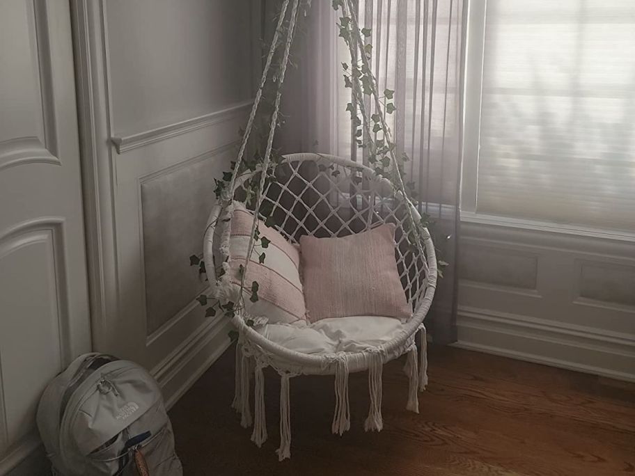 A Macrame Hanging Hammock Chair in a room with pillows