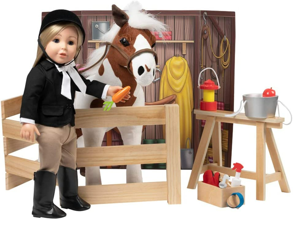 stock image of a doll standing next to the adora plush horse set