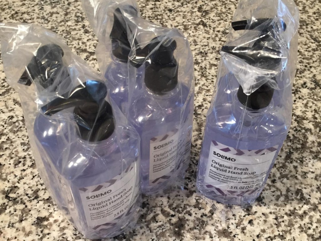 six bottles of amazon brand solimo liquid hand soap