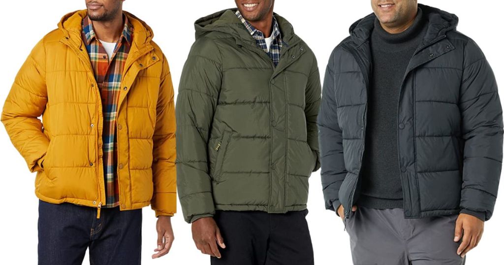 amazon essential men's hooded jackets in camel, olive and dark gray