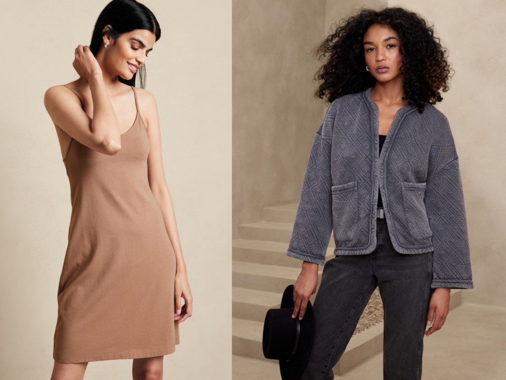 banana republic models wearing their sales dress and cardigan jacket
