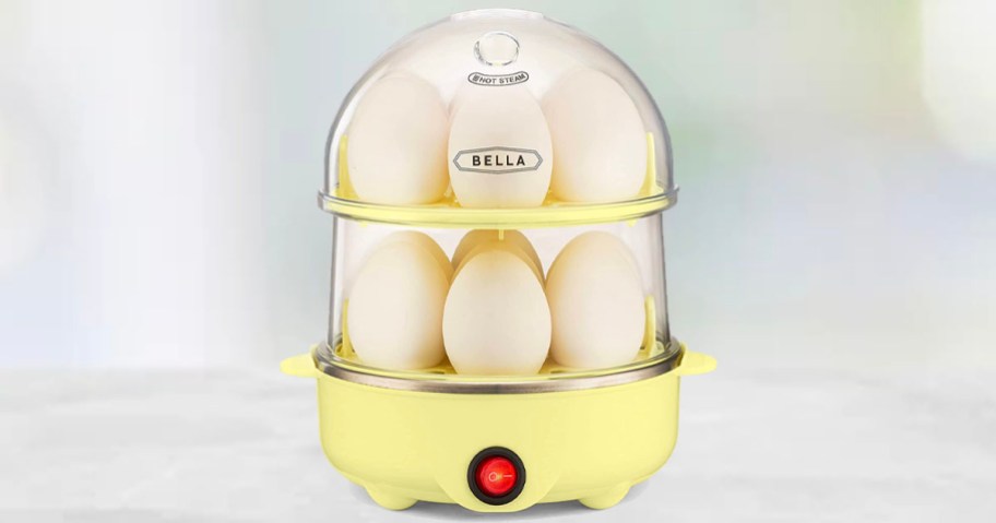 yellow double tier egg cooker on gray counterrop