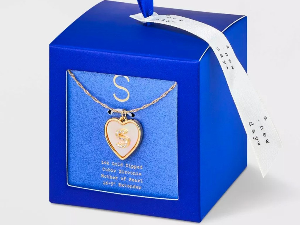 heart necklace with s initial in blue box