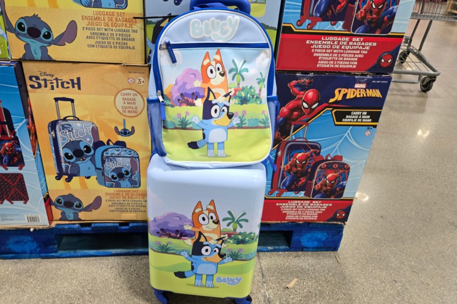 two piece bluey suitcase and backpack in store