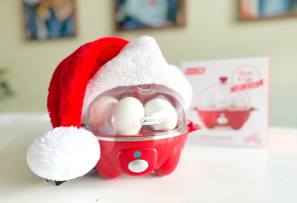 red dash egg cooker with santa hat on top for last minute christmas gifts