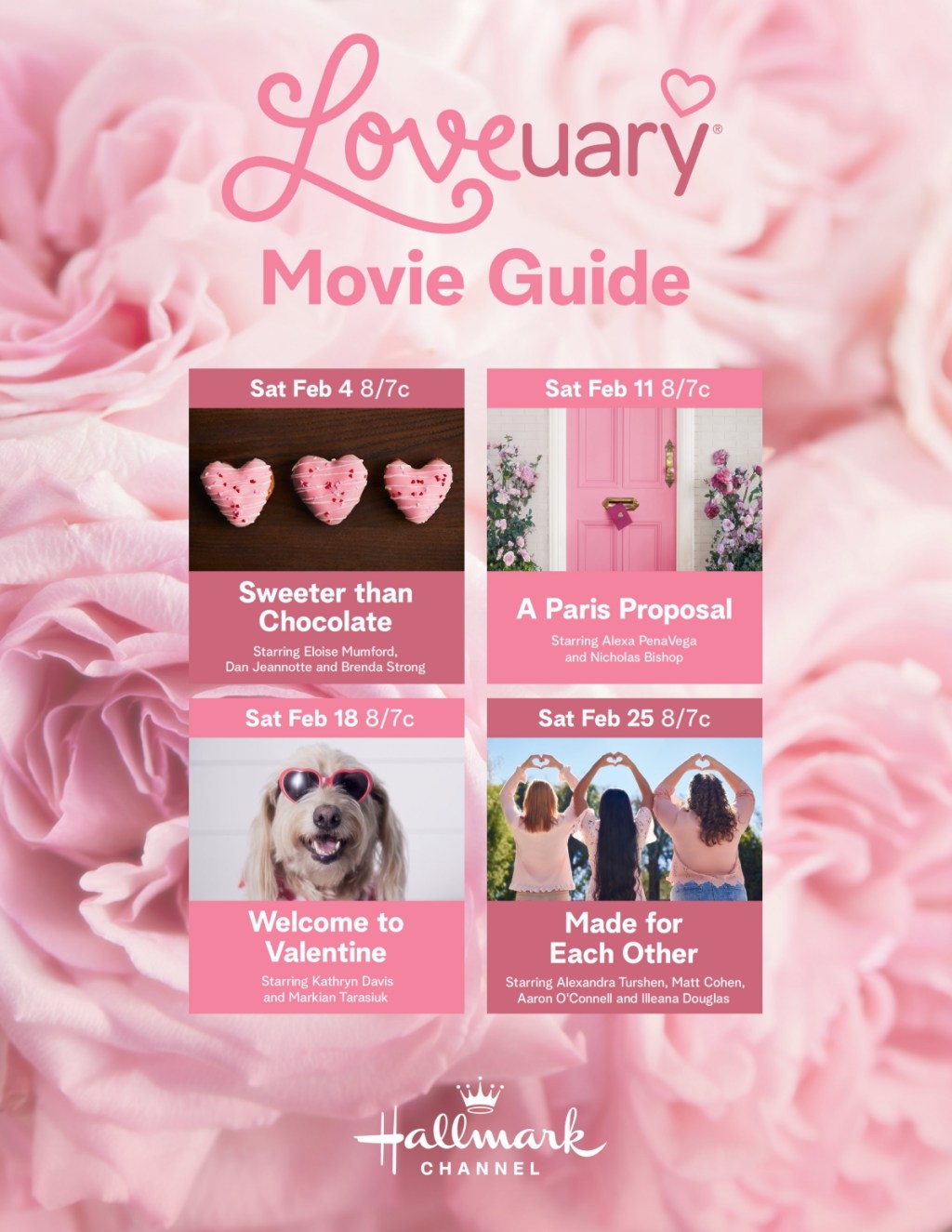 Hallmark's Loveuary movie guide, showing title cards for four different romantic comedies