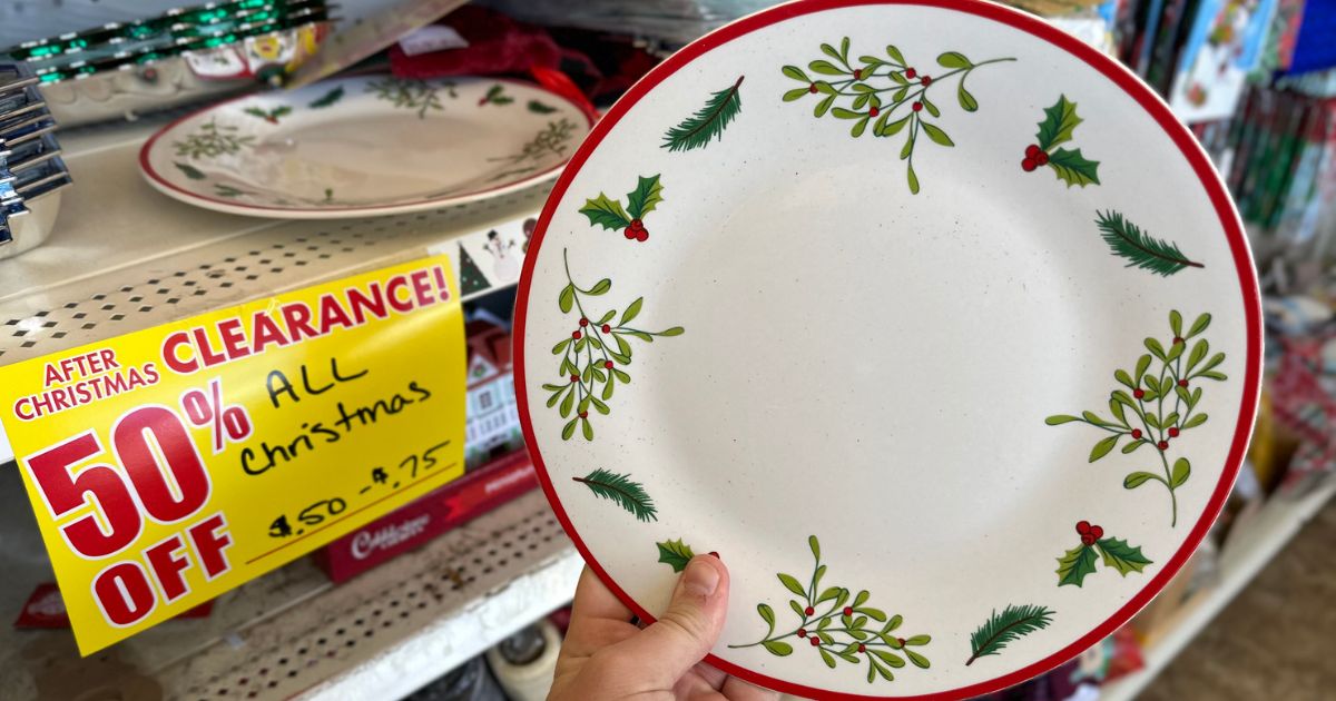 festive holiday dishware whaite dinner plate with red and green holly berries and greenery