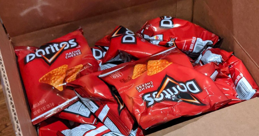 Small bags of Doritos in a box