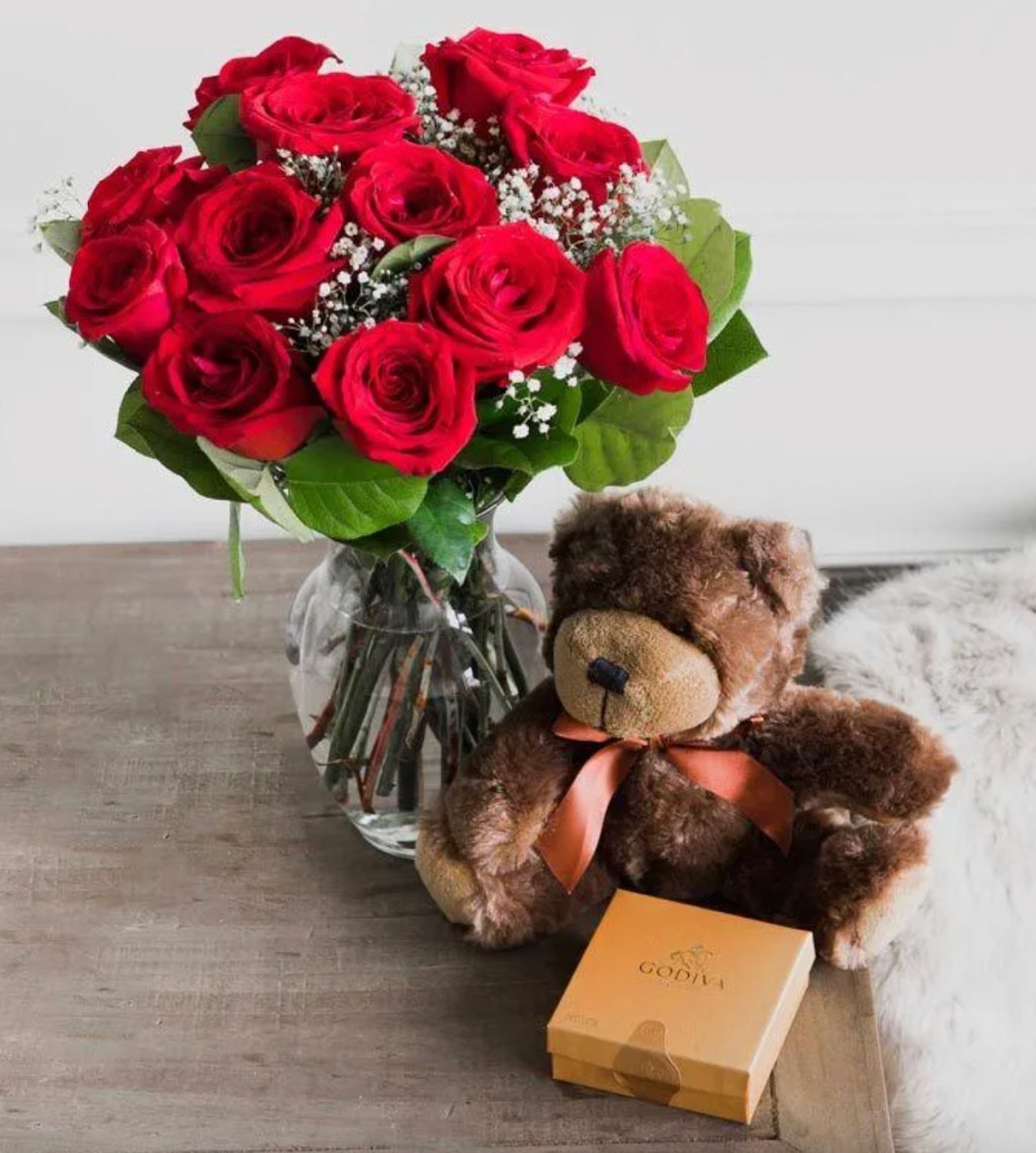 glass vase with red roses and teddy bear with godiva chocolates where to buy cheap flowers