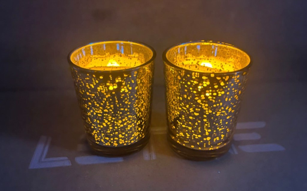 two gold mercury glass tea lights