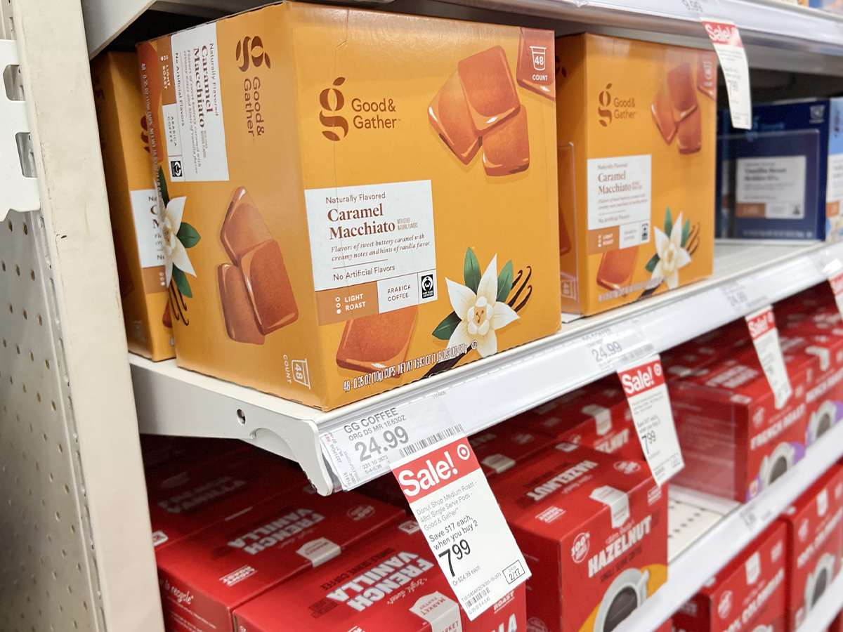 good and gather caramel macchiato kcups 48 count boxes on shelf instore