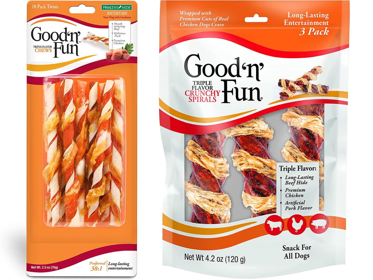 pack of Good ‘N’ Fun Dog Treats Tripe Flavor Twists 10-Pack and bag of Good ‘N’ Fun Crunchy Spirals Beef/Chicken 3-Count Bag