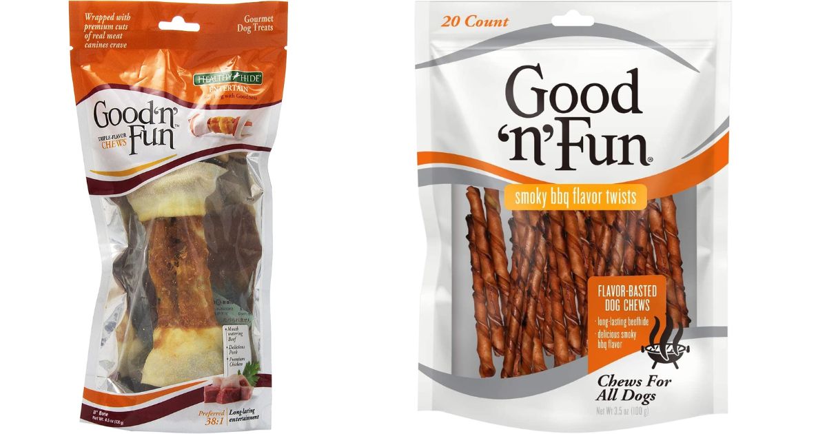 bag of Good ‘N’ Fun Triple Flavor 8" Bone and bag of Good ‘N’ Fun Smoky BBQ Flavor Twists Chews 20-Count Pack