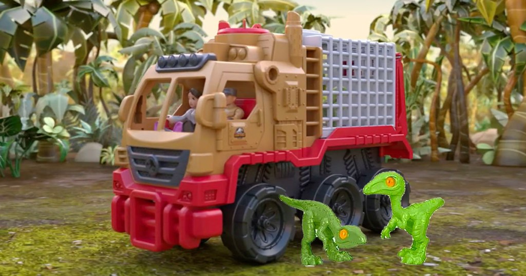 jurrasic world hauler vehicle with two dinosaurs outside