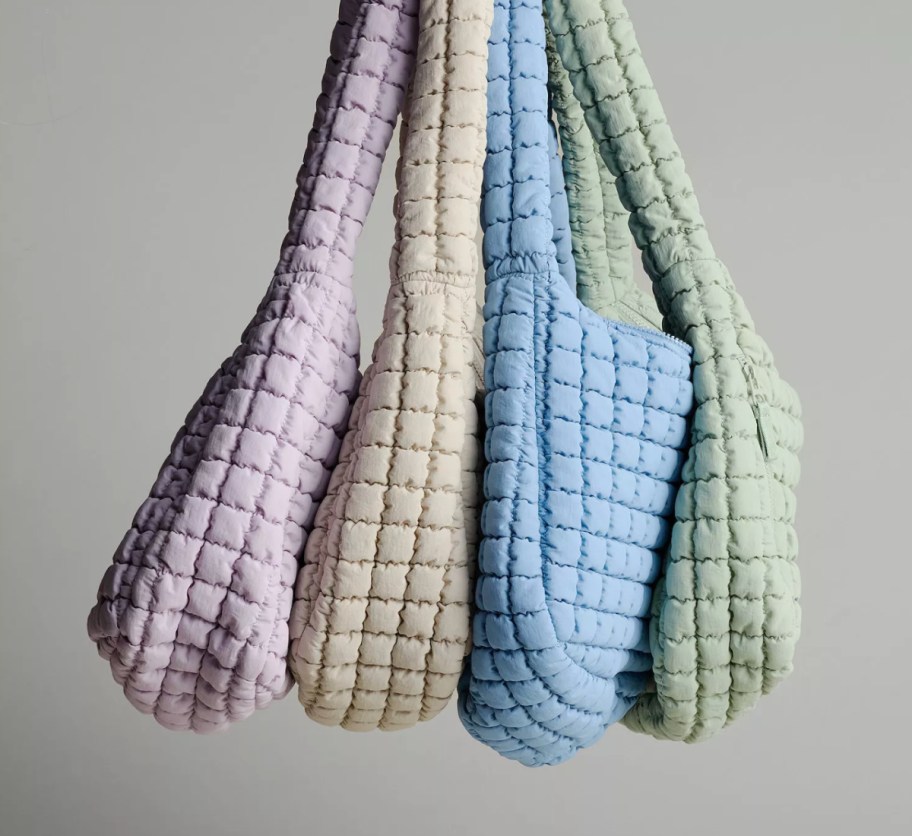 purple beige blue white puffer bags