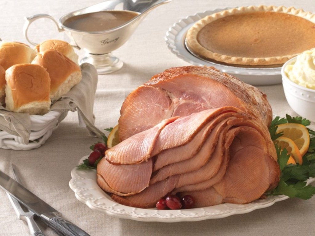 spiral sliced ham with side dishes