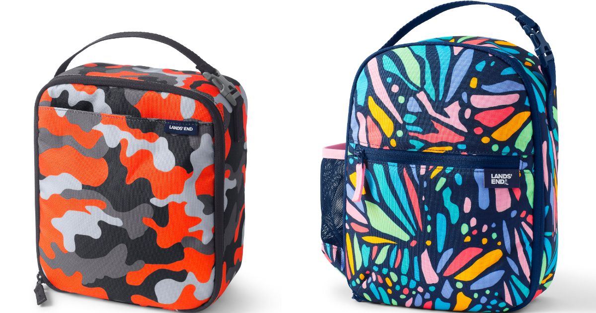 lands end lunch boxes in orange and black camo, and multi-colored butterfly camo