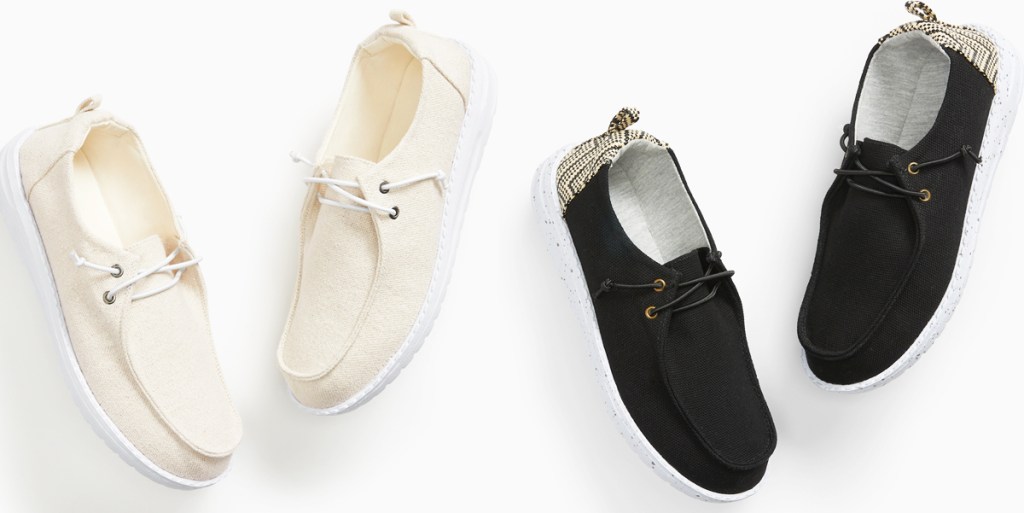 two pairs of slip-on shoes in tan and black