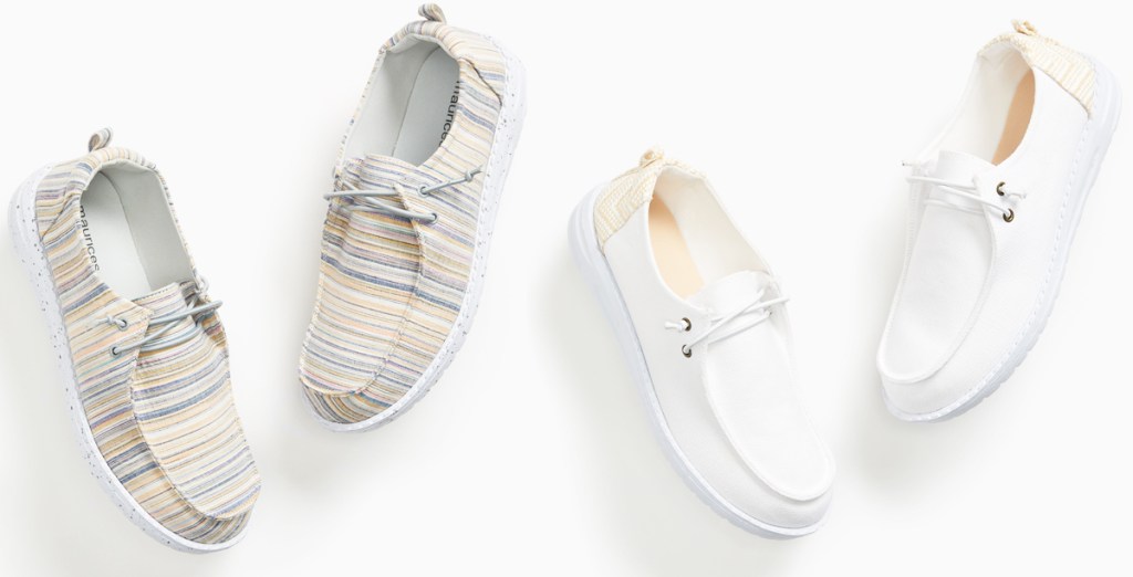 two pairs of slip-on shoes in striped print and solid white