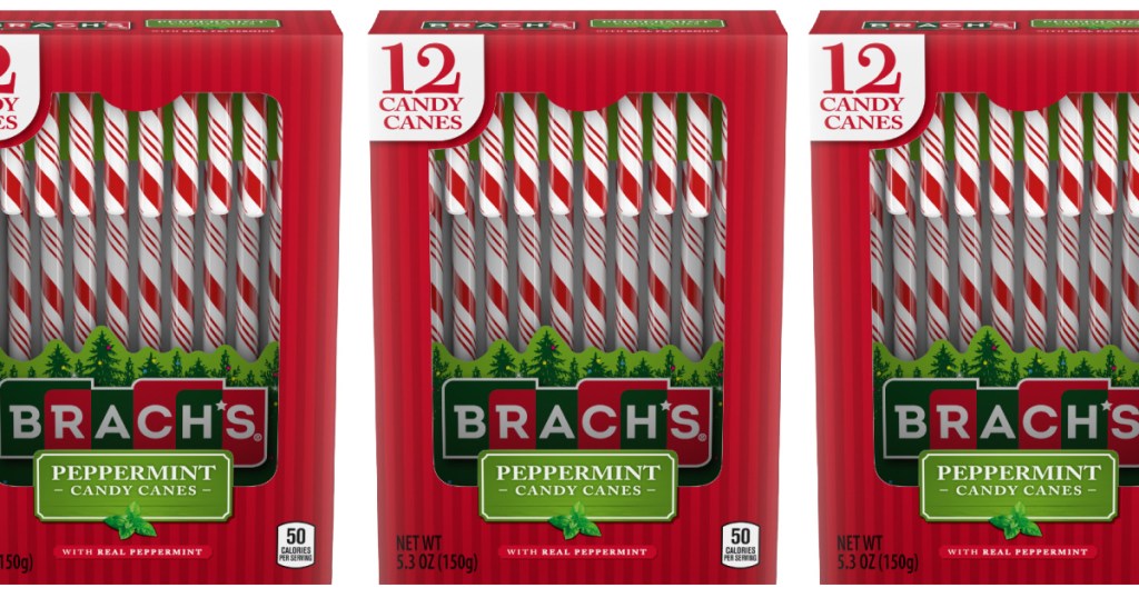 three side by side stock images of peppermint brachs candy canes
