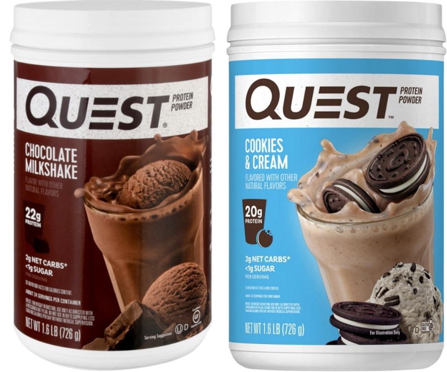canisters of chocolate and cookies & cream protein powders 
