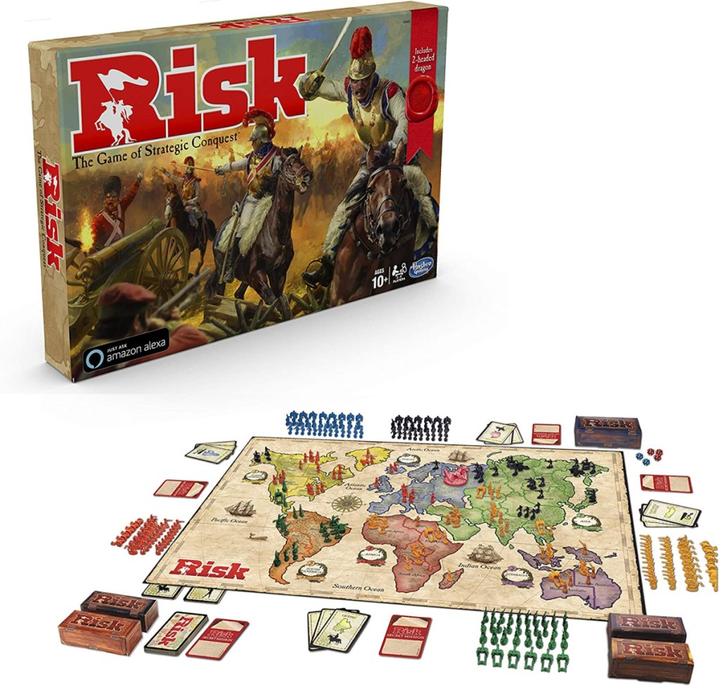 stock image of a risk board game with all the pieces and dragon token