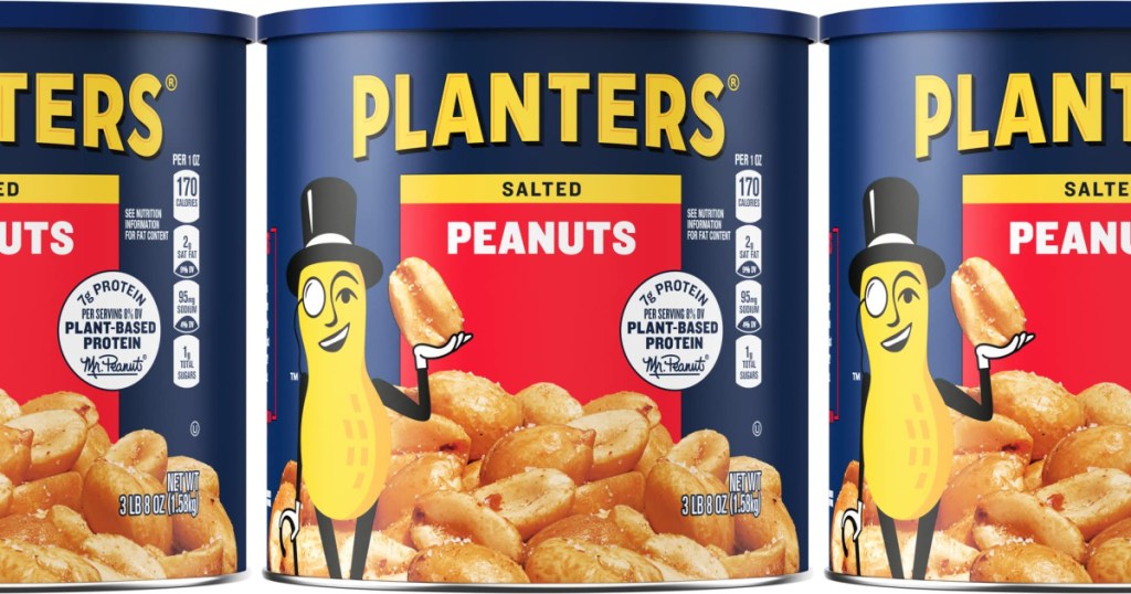 three side by side stock images of canisters of salted planters peanuts
