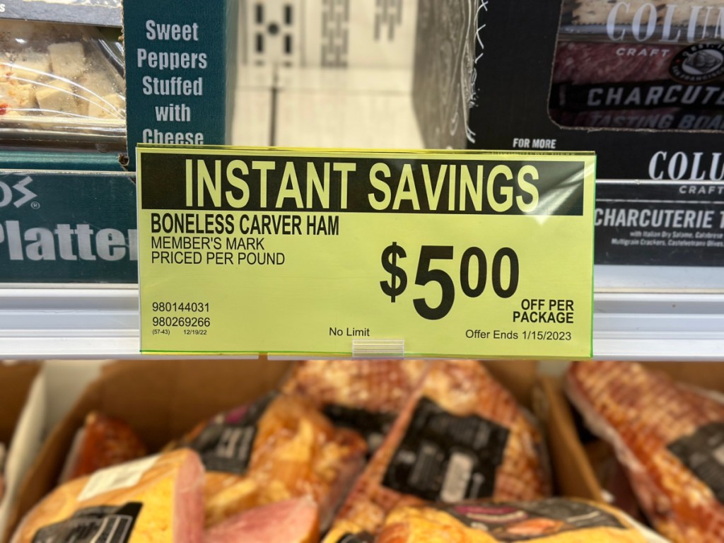 instant savings sign for sams club ham in warehouse