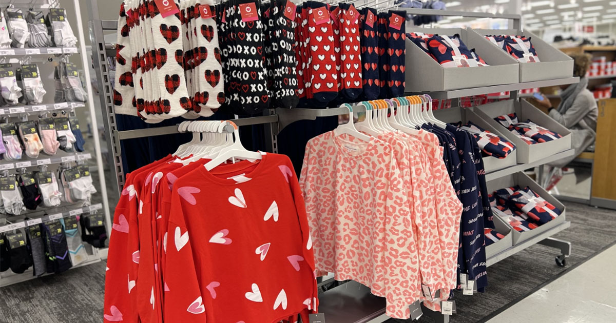 target valentines day pajamas and socks on display in store
