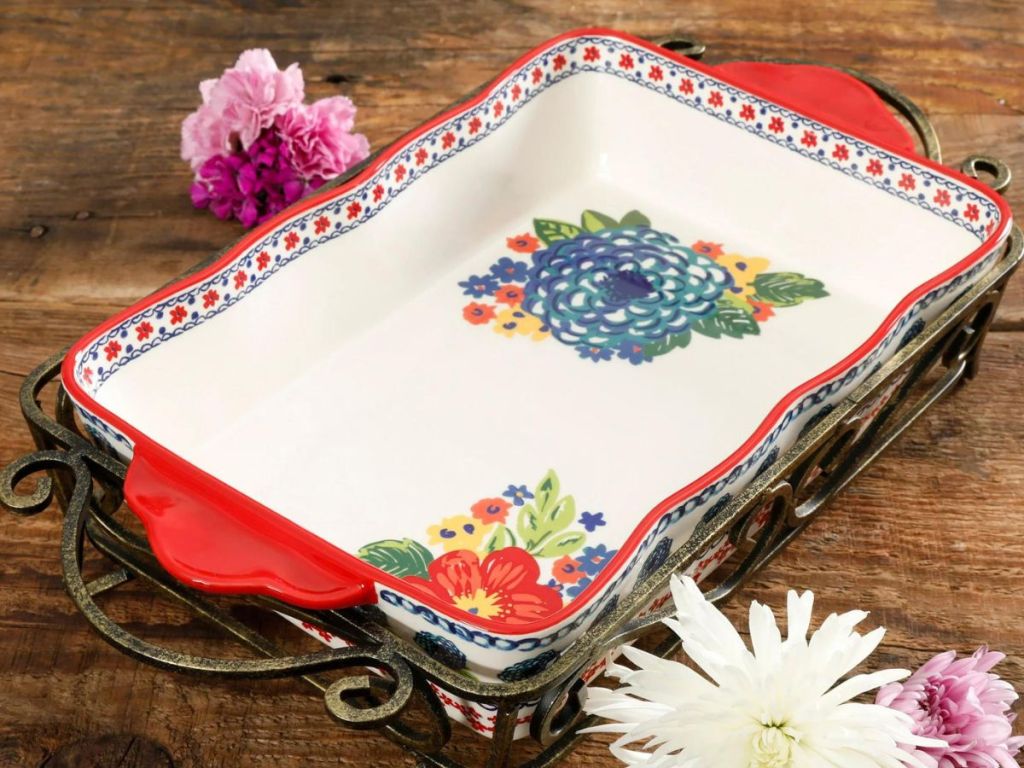colorful The Pioneer Woman bakeware dish on wood table