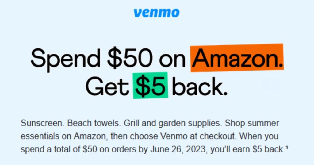 Venmo banner with Spend $50 on Amazon Get $5 back offer