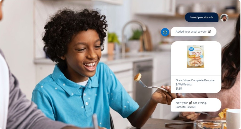 text conversation overlay on photo of boy eating pancakces